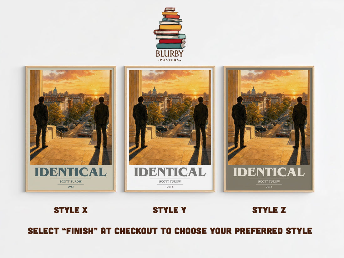Identical book cover print in frame leaning in hallway – legal thriller wall art (mockup)