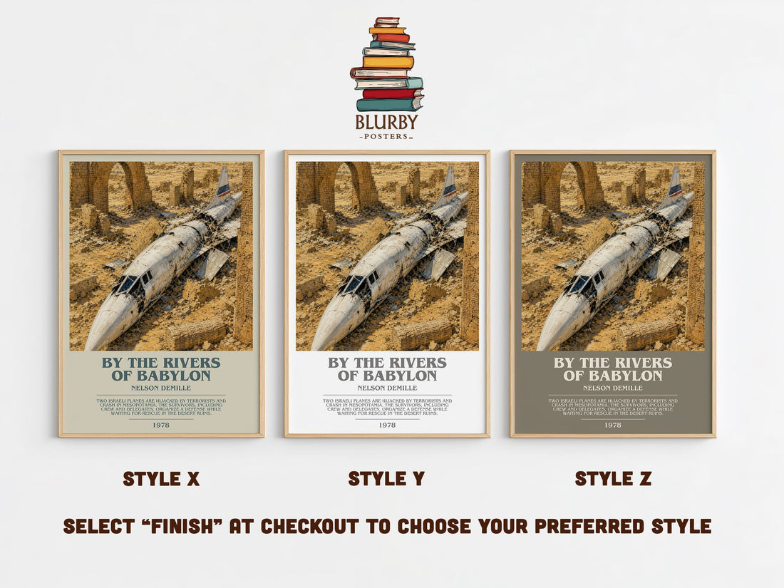 By the Rivers of Babylon bookish print in frame leaning in hallway – thriller wall art (mockup)