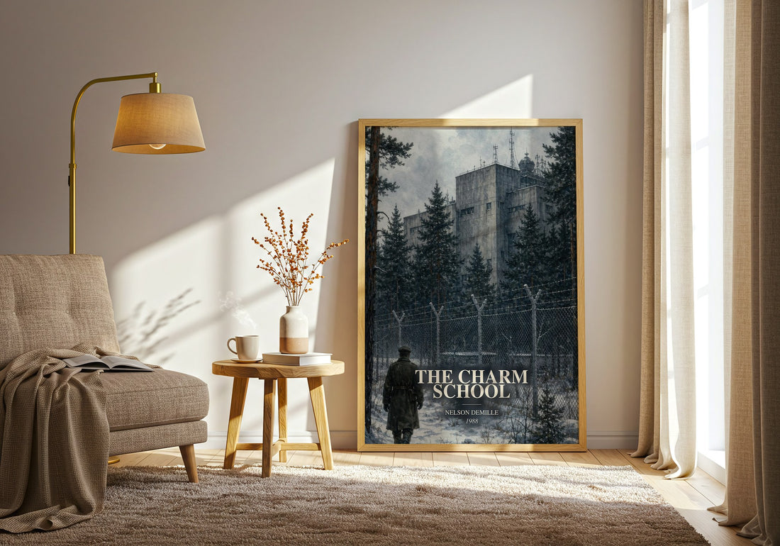The Charm School watercolour print in frame leaning in hallway – thriller wall art (mockup)