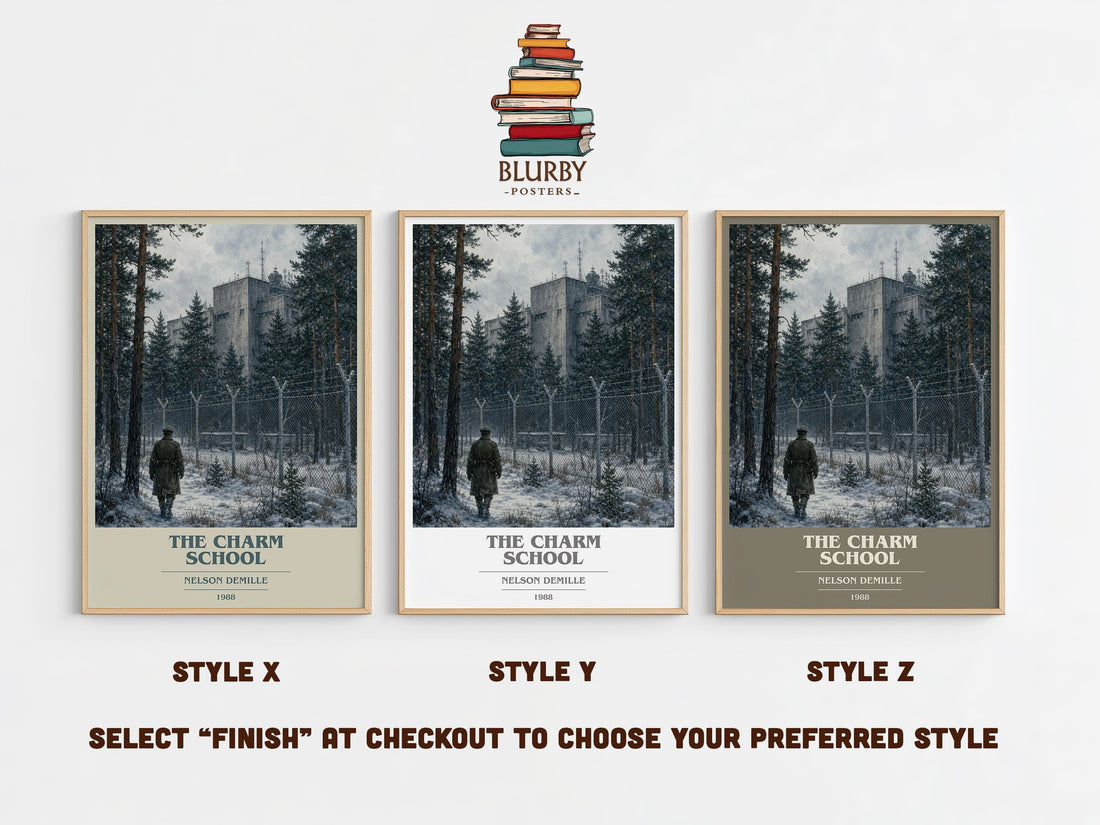 The Charm School book cover print in frame leaning in hallway – thriller wall art (mockup)