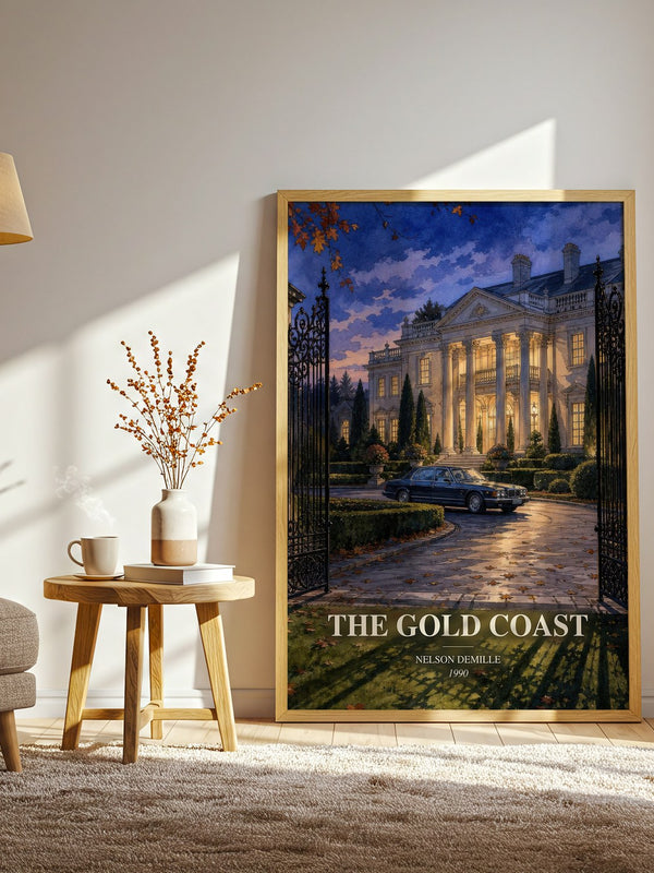 The Gold Coast watercolour print in frame leaning in hallway – legal thriller wall art
