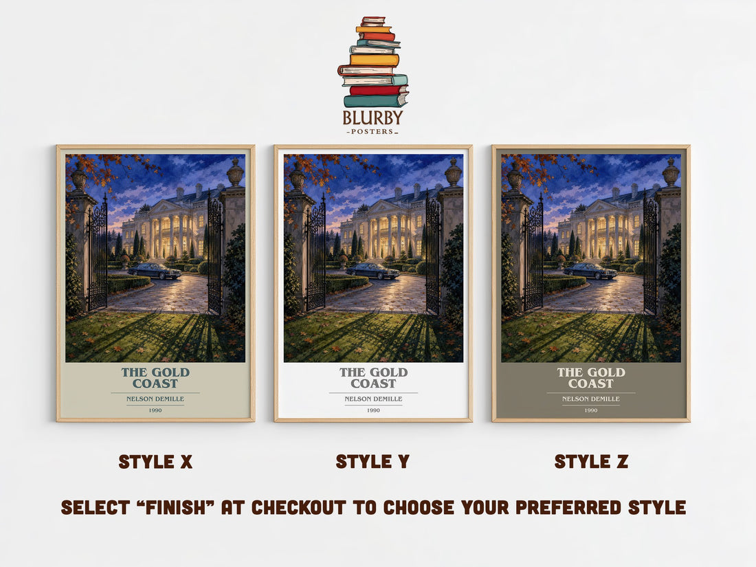 The Gold Coast book cover print in frame leaning in hallway – legal thriller wall art (mockup)