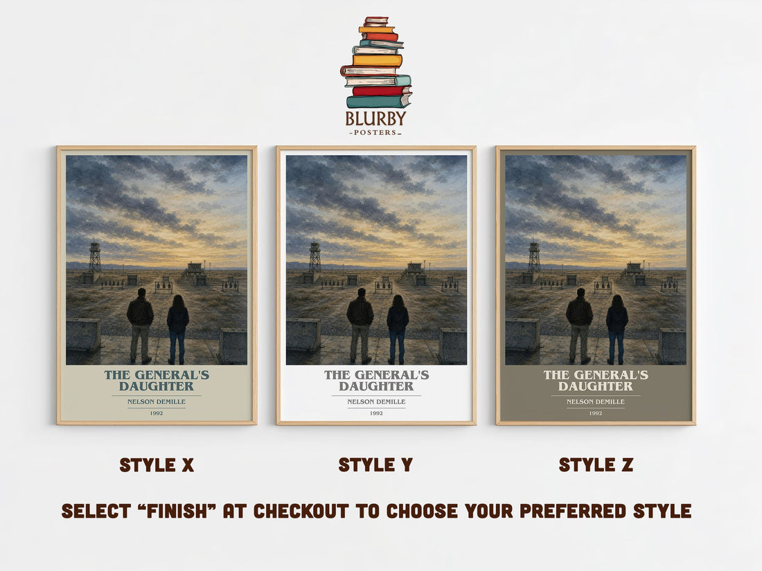 The General's Daughter book cover print in frame leaning in hallway – crime wall art (mockup)