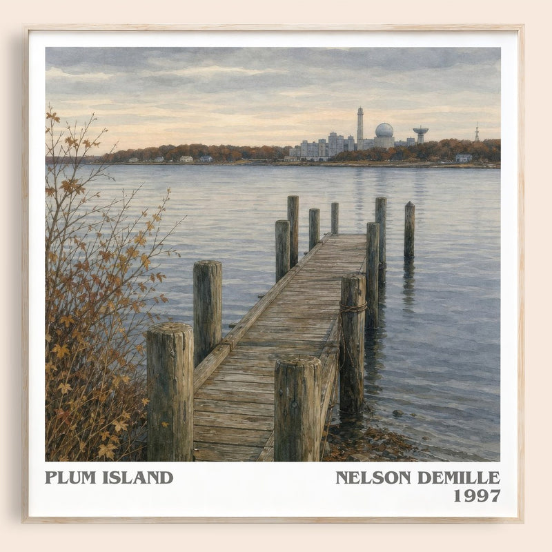 Plum Island literary book poster by Nelson DeMille – framed literary art print