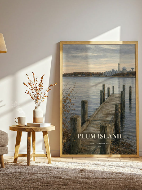 Plum Island watercolour print in frame leaning in hallway – thriller wall art