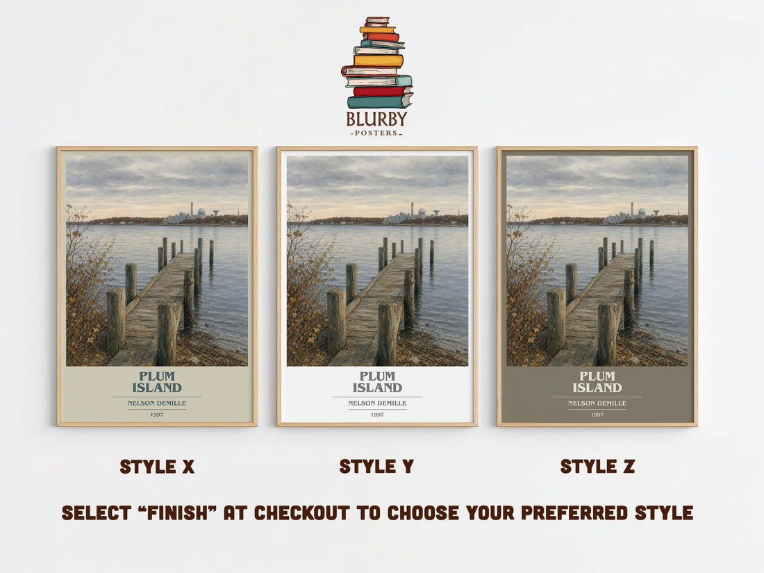 Plum Island book cover print in frame leaning in hallway – thriller wall art (mockup)