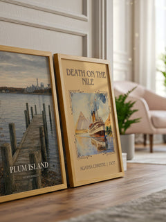 Plum Island watercolour print framed by window – literary home decor