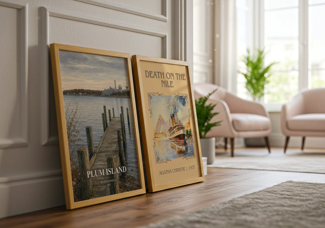 Plum Island watercolour print framed by window – literary home decor
