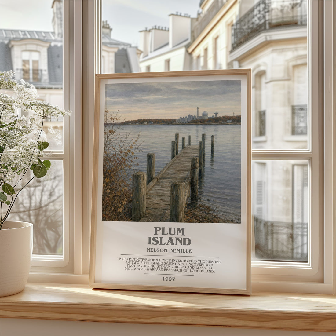 Plum Island bookish poster colour and style options – Nelson DeMille book art (mockup)