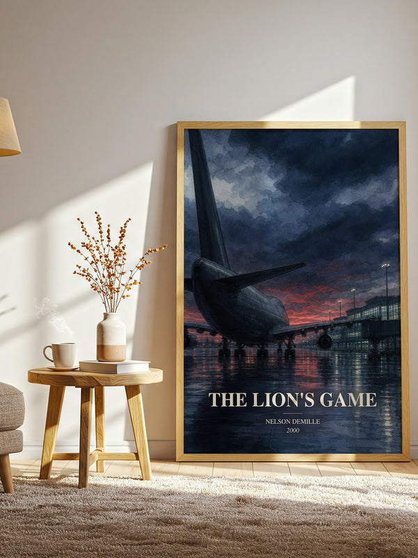The Lion's Game watercolour print in frame leaning in hallway – thriller wall art