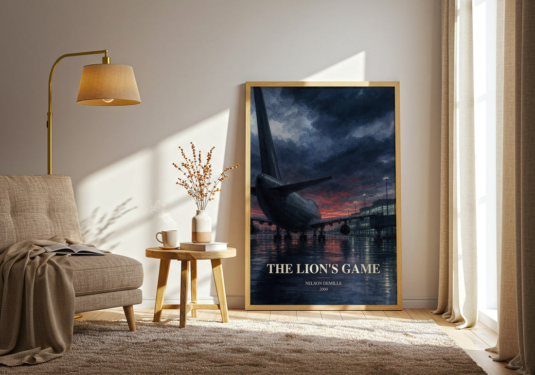 The Lion's Game watercolour print in frame leaning in hallway – thriller wall art (mockup)