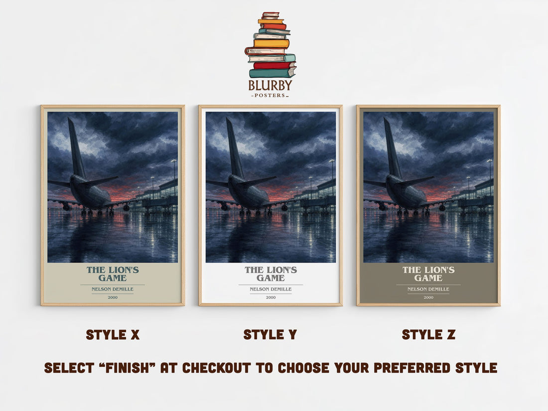 The Lion's Game book cover print in frame leaning in hallway – thriller wall art (mockup)
