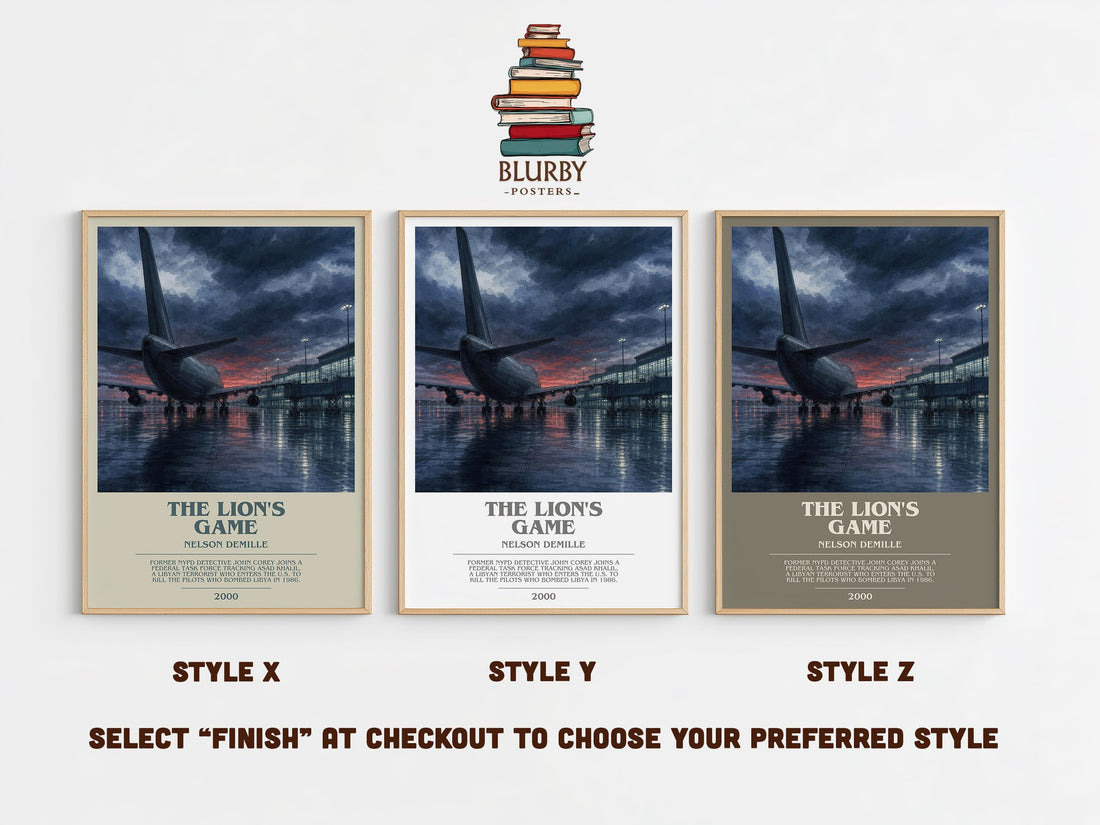 The Lion's Game bookish print in frame leaning in hallway – thriller wall art (mockup)