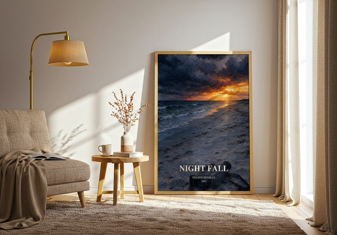 Night Fall watercolour print in frame leaning in hallway – thriller wall art (mockup)