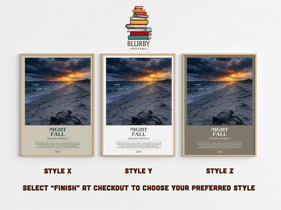 Night Fall bookish print in frame leaning in hallway – thriller wall art (mockup)
