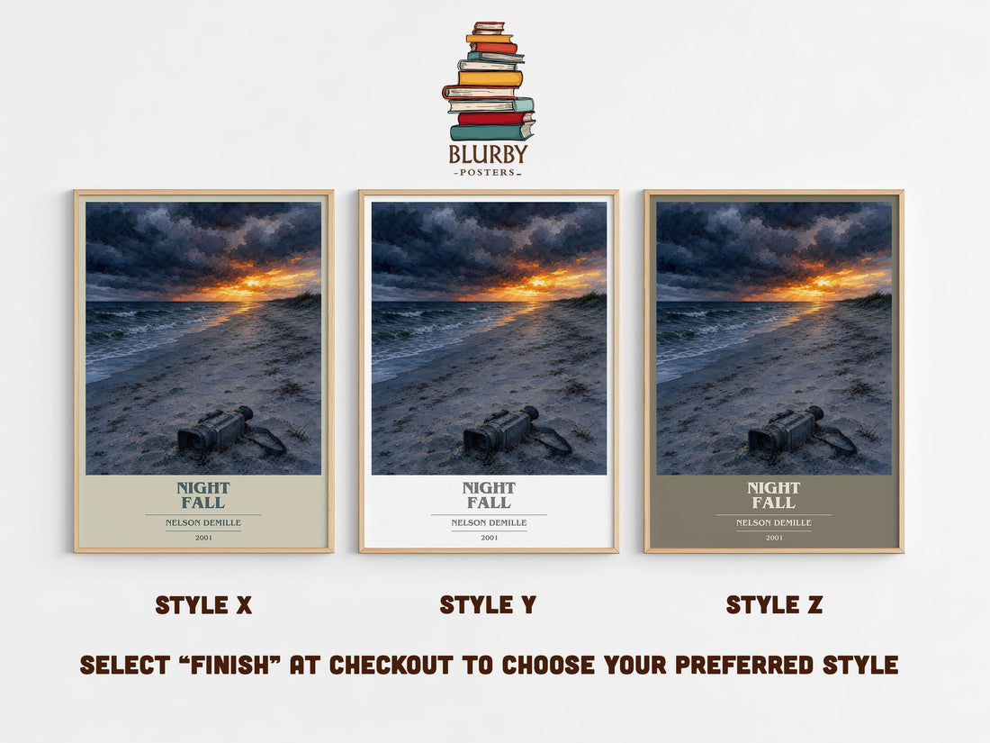 Night Fall book cover print in frame leaning in hallway – thriller wall art (mockup)