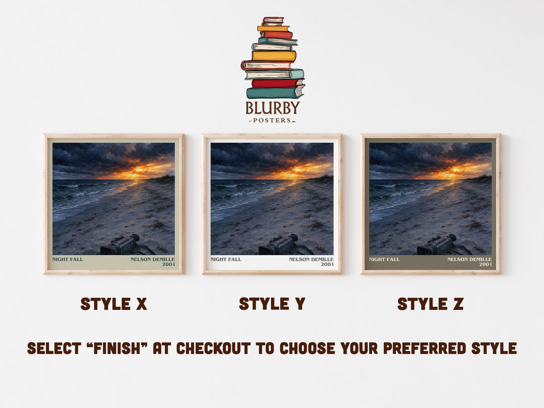 Night Fall literary print in frame leaning in hallway – thriller wall art (mockup)