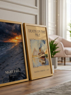 Night Fall watercolour print framed by window – literary home decor