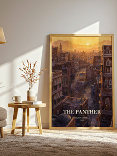 The Panther watercolour print in frame leaning in hallway – thriller wall art