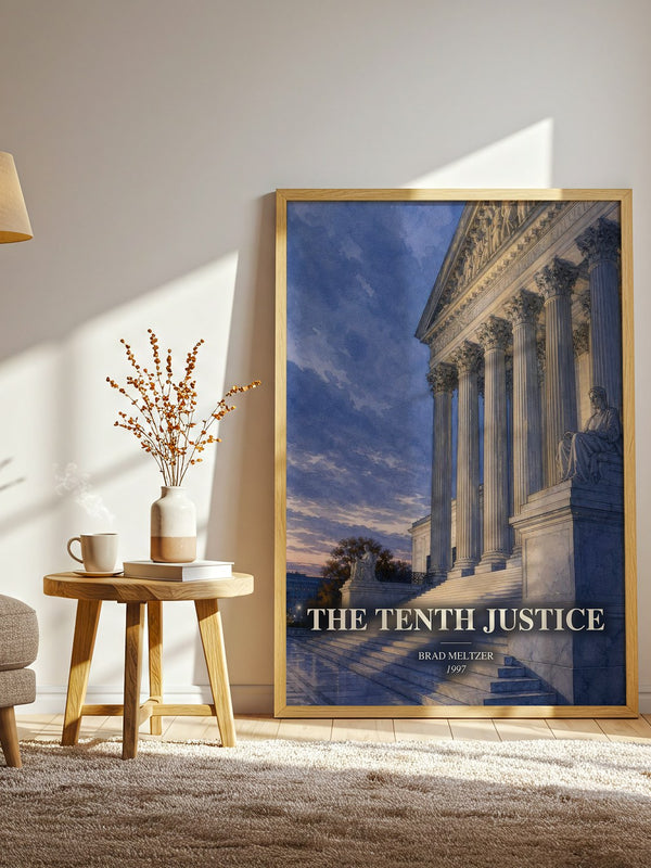 The Tenth Justice watercolour print in frame leaning in hallway – legal thriller wall art