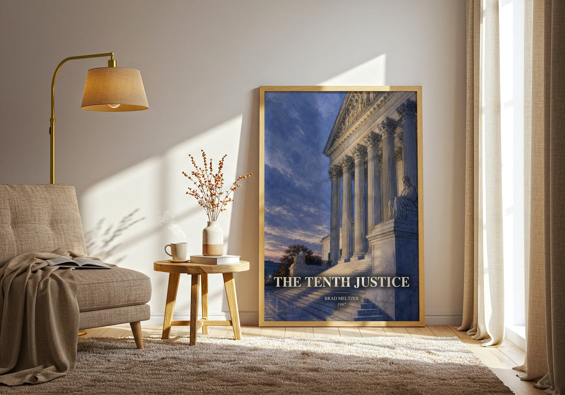 The Tenth Justice watercolour print in frame leaning in hallway – legal thriller wall art (mockup)