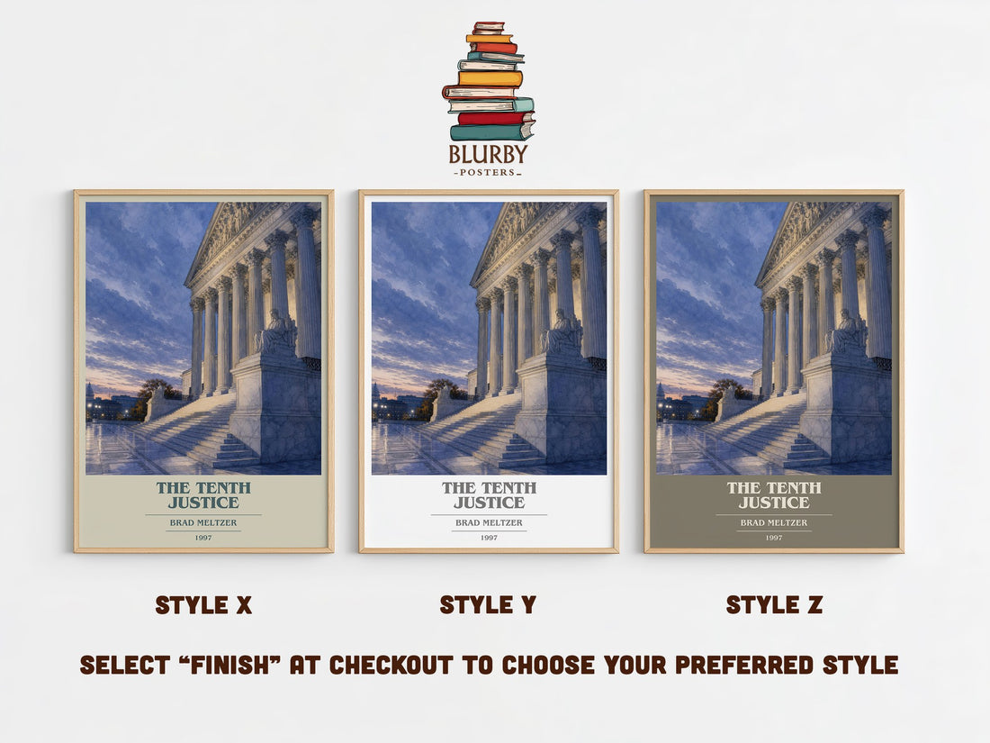 The Tenth Justice book cover print in frame leaning in hallway – legal thriller wall art (mockup)