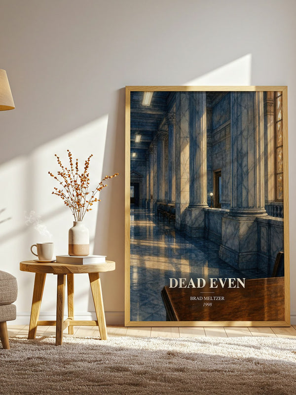Dead Even watercolour print in frame leaning in hallway – legal thriller wall art