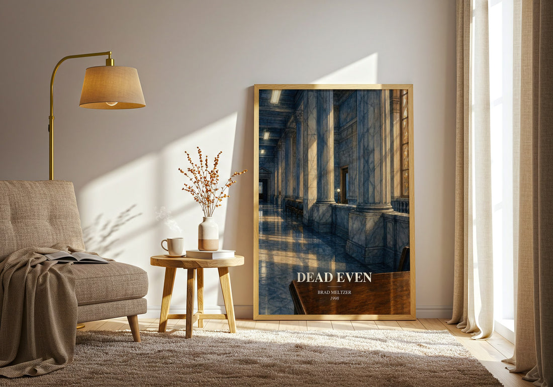 Dead Even watercolour print in frame leaning in hallway – legal thriller wall art (mockup)