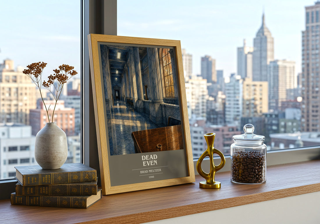 Dead Even book cover print framed by window – literary home decor