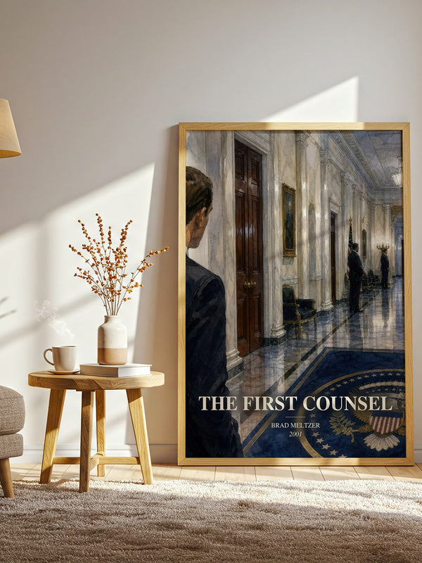 The First Counsel watercolour print in frame leaning in hallway – legal thriller wall art