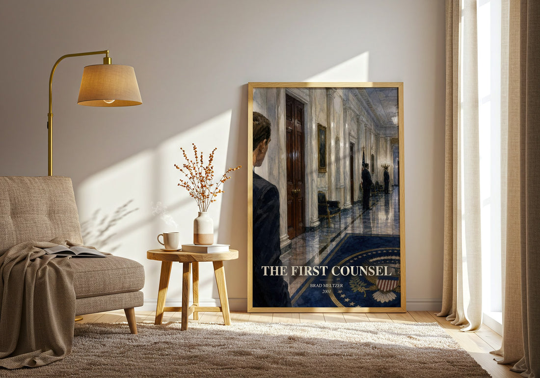 The First Counsel watercolour print in frame leaning in hallway – legal thriller wall art (mockup)