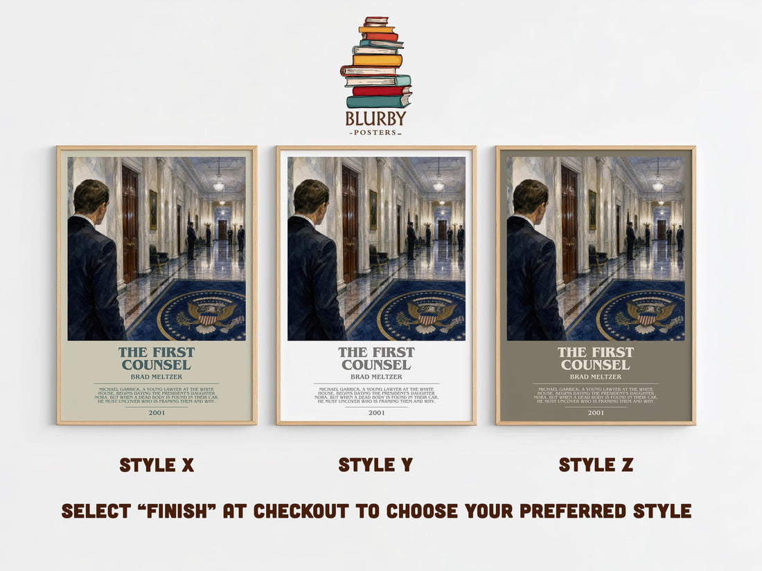 The First Counsel bookish print in frame leaning in hallway – legal thriller wall art (mockup)