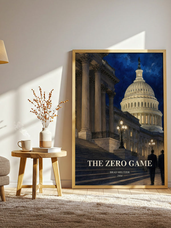 The Zero Game watercolour print in frame leaning in hallway – thriller wall art