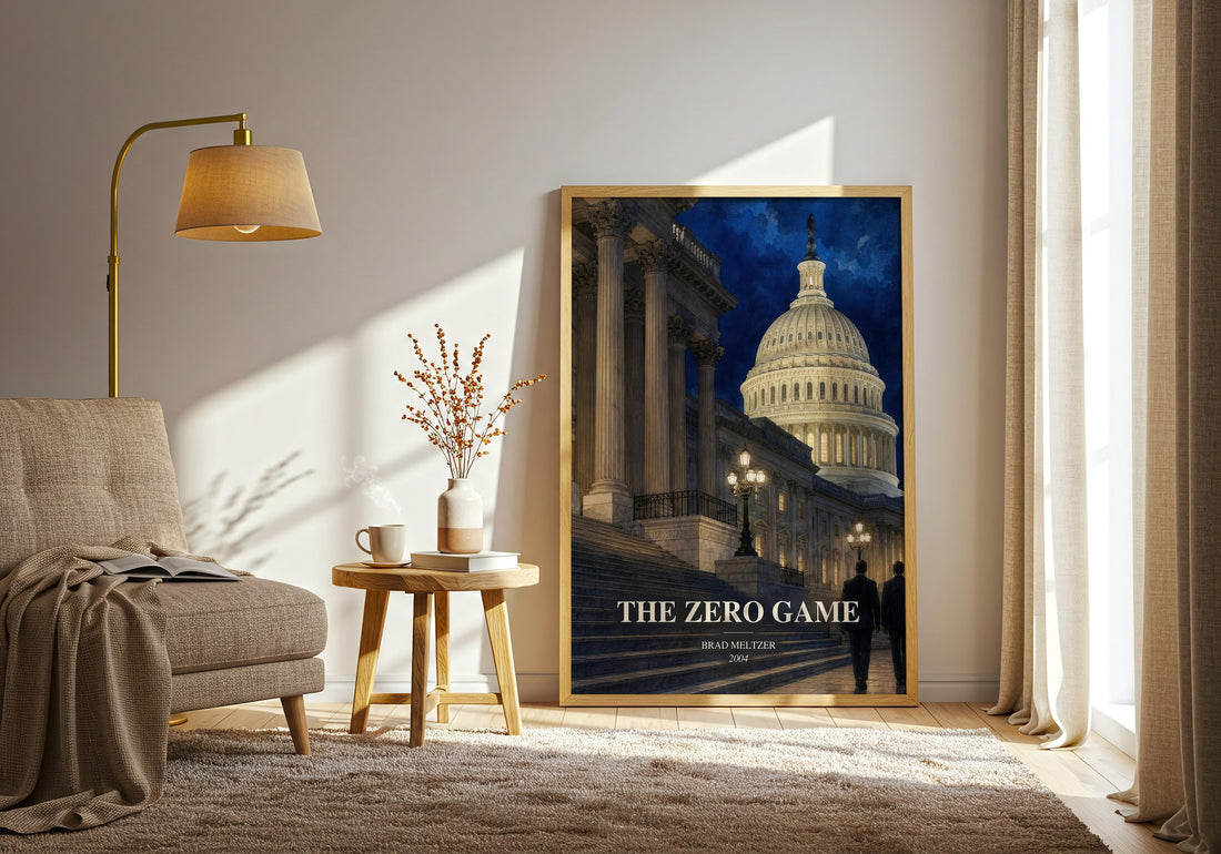 The Zero Game watercolour print in frame leaning in hallway – thriller wall art (mockup)