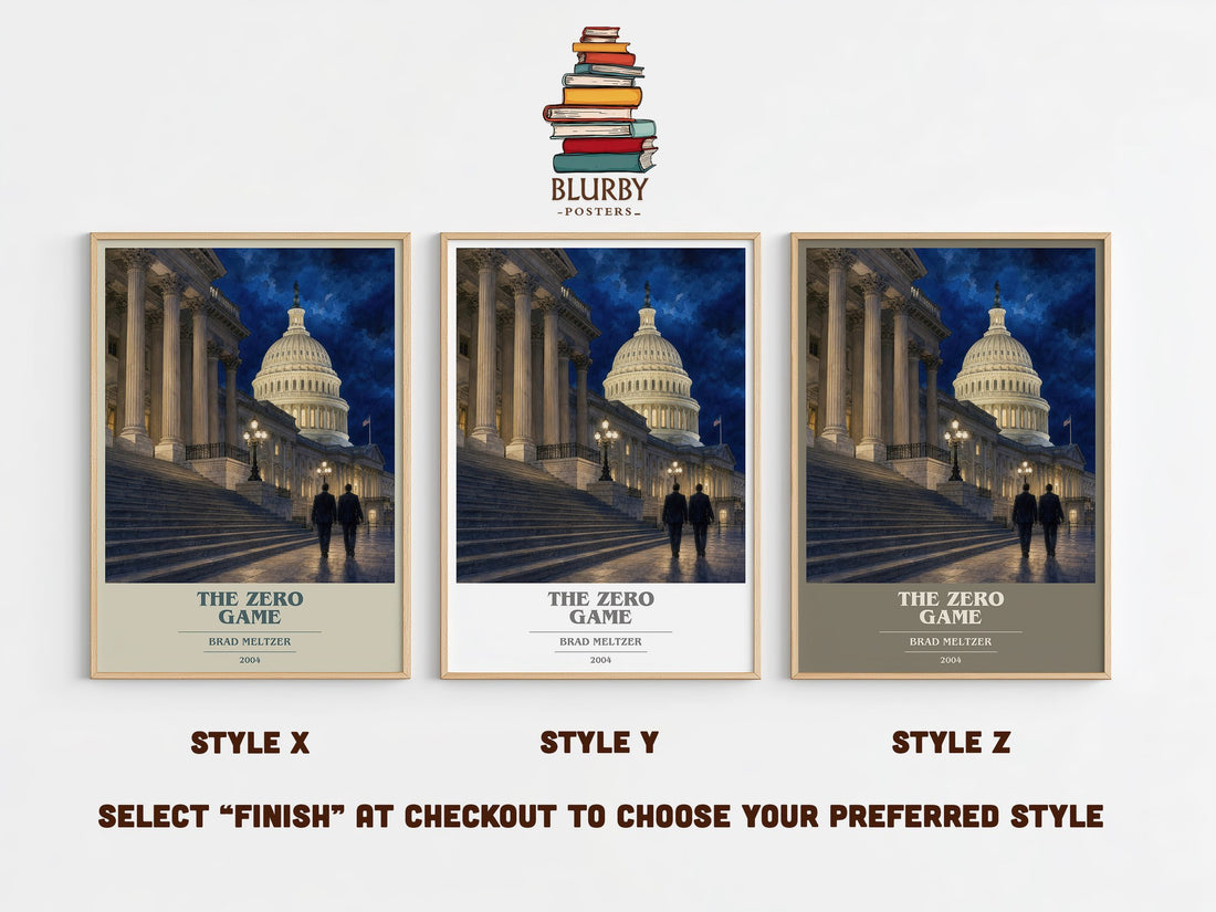 The Zero Game book cover print in frame leaning in hallway – thriller wall art (mockup)