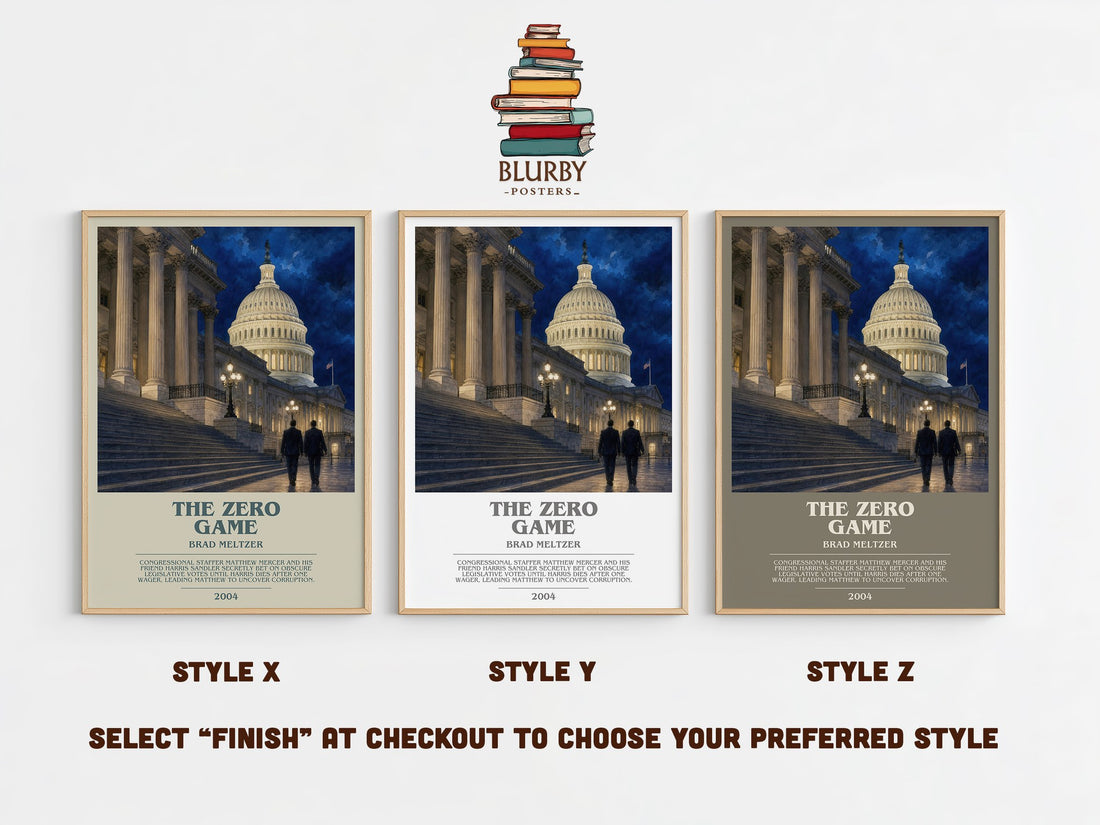 The Zero Game bookish print in frame leaning in hallway – thriller wall art (mockup)