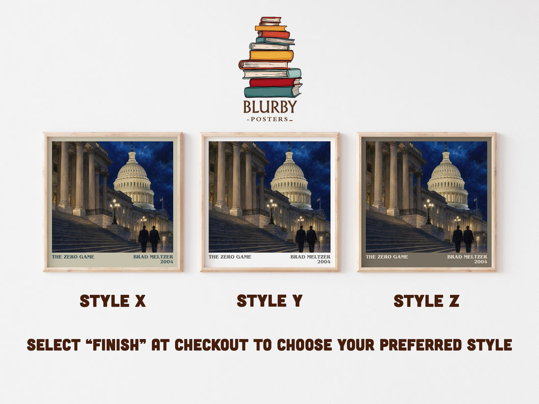 The Zero Game literary print in frame leaning in hallway – thriller wall art (mockup)