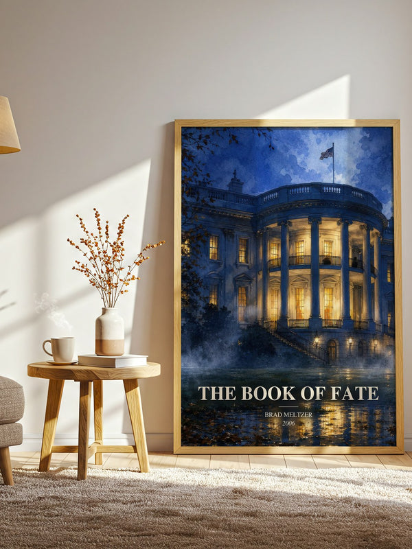 The Book of Fate watercolour print in frame leaning in hallway – thriller wall art