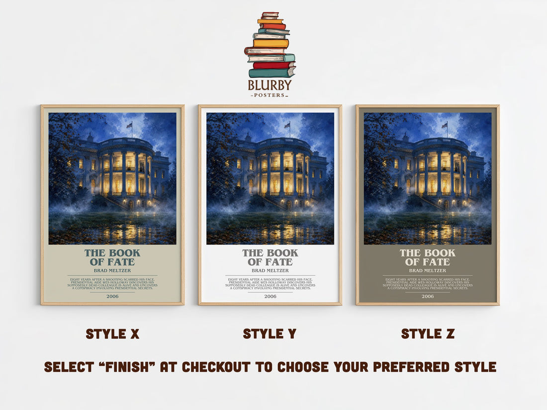 The Book of Fate bookish print in frame leaning in hallway – thriller wall art (mockup)