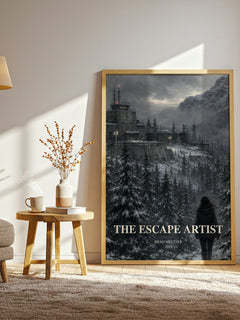 The Escape Artist watercolour print in frame leaning in hallway – thriller wall art