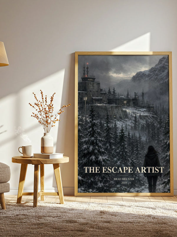 The Escape Artist watercolour print in frame leaning in hallway – thriller wall art