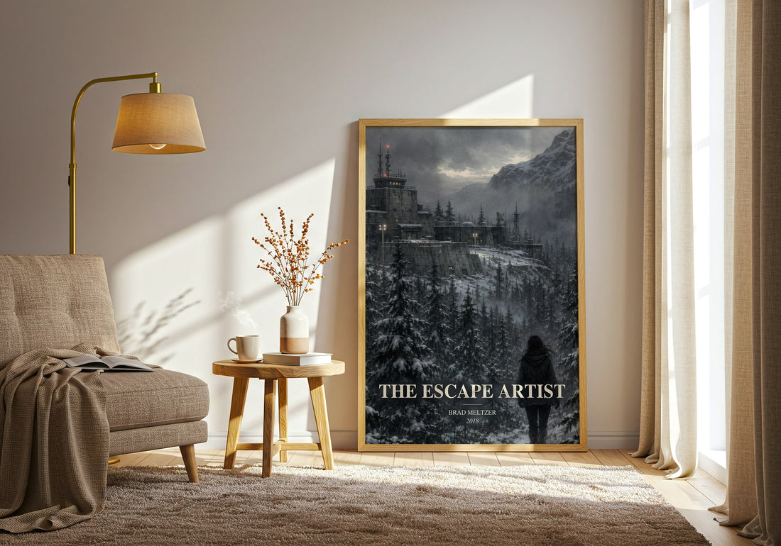 The Escape Artist watercolour print in frame leaning in hallway – thriller wall art (mockup)
