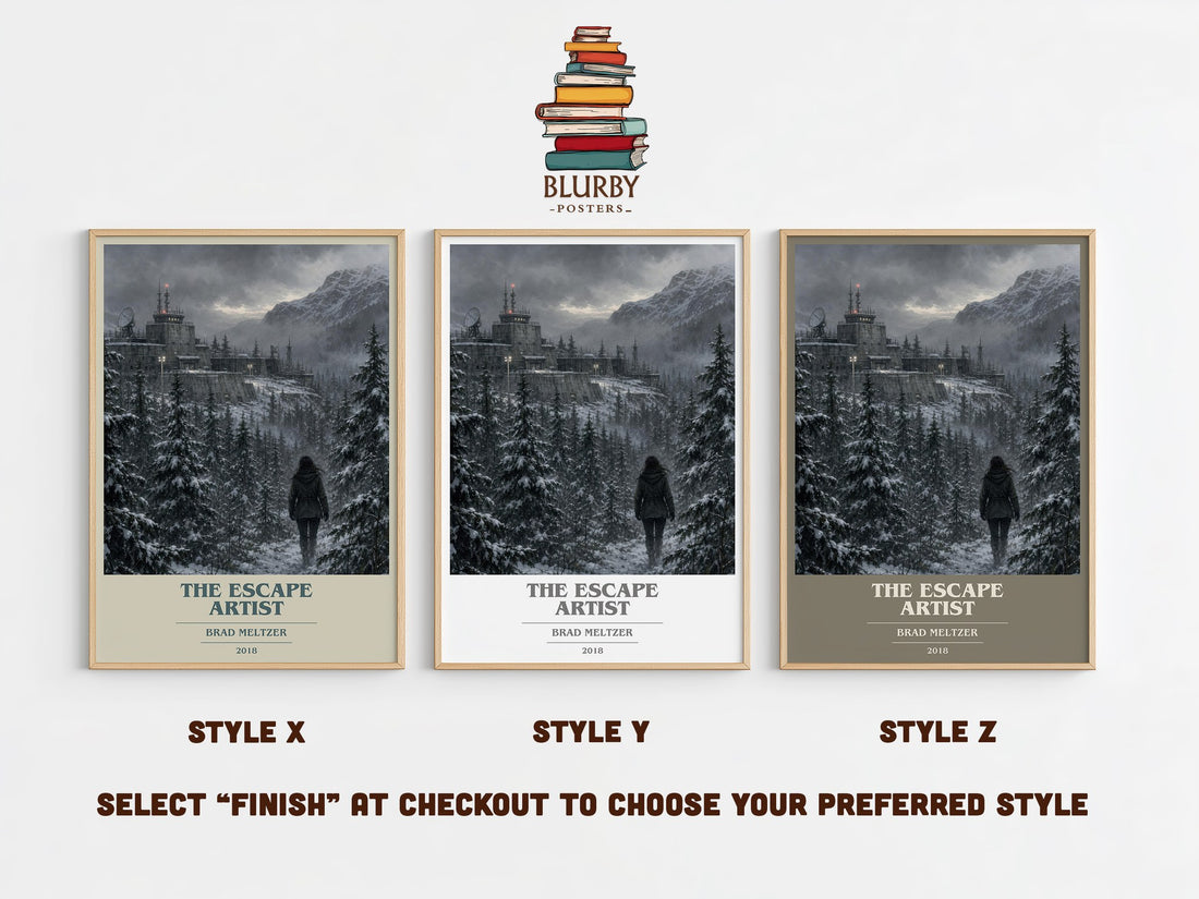 The Escape Artist book cover print in frame leaning in hallway – thriller wall art (mockup)