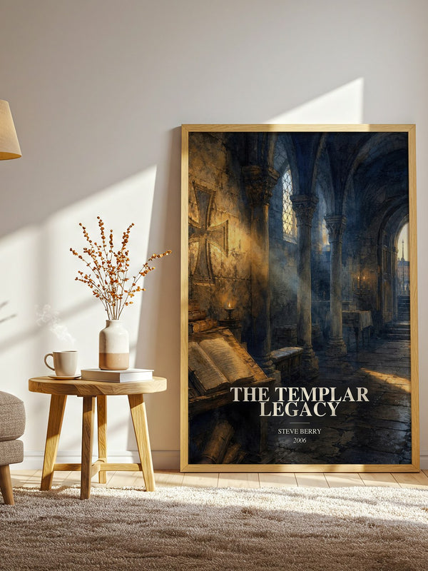 The Templar Legacy watercolour print in frame leaning in hallway – thriller wall art