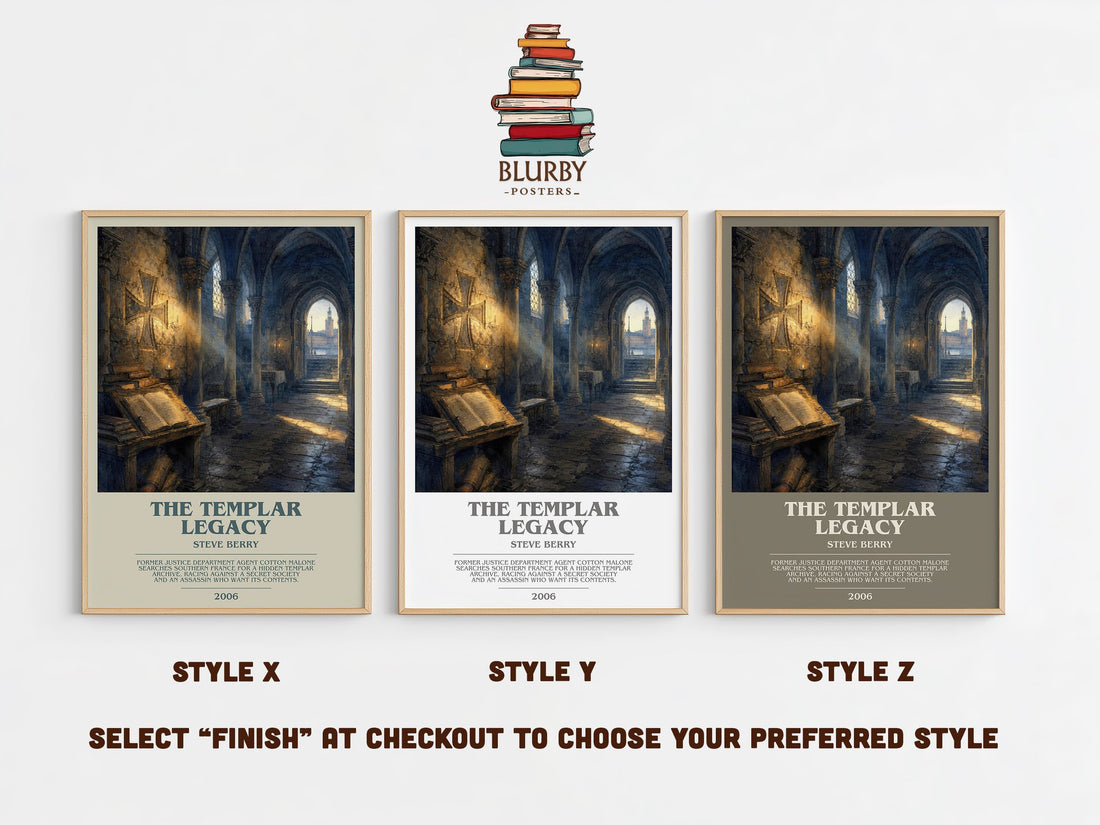 The Templar Legacy bookish print in frame leaning in hallway – thriller wall art (mockup)