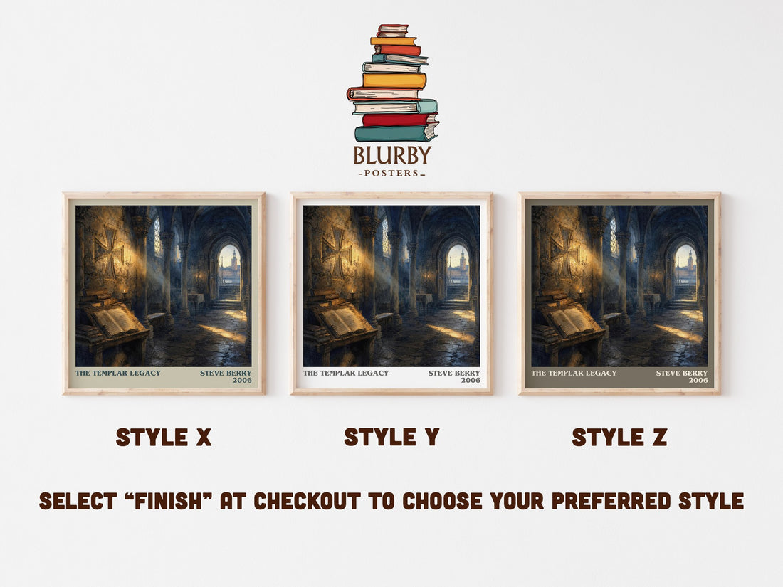 The Templar Legacy literary print in frame leaning in hallway – thriller wall art (mockup)