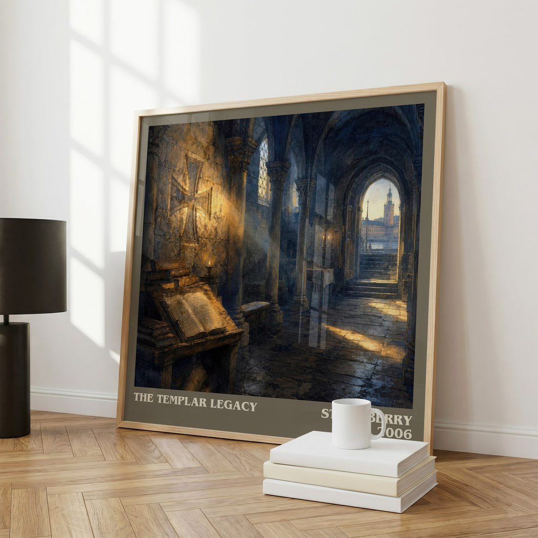 The Templar Legacy literary print framed by window – literary home decor