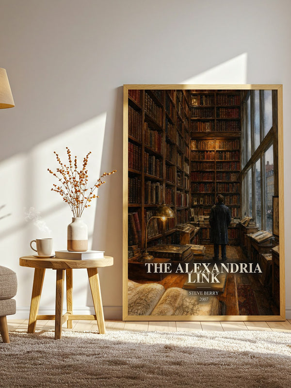 The Alexandria Link watercolour print in frame leaning in hallway – thriller wall art