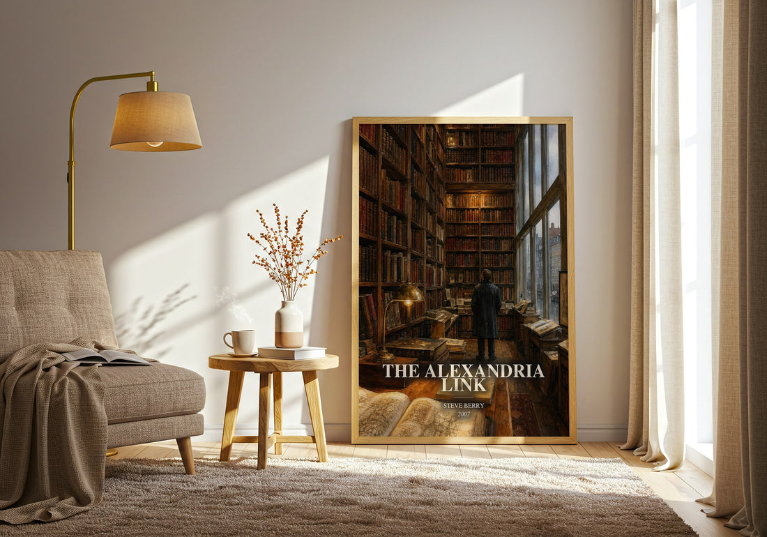 The Alexandria Link watercolour print in frame leaning in hallway – thriller wall art (mockup)