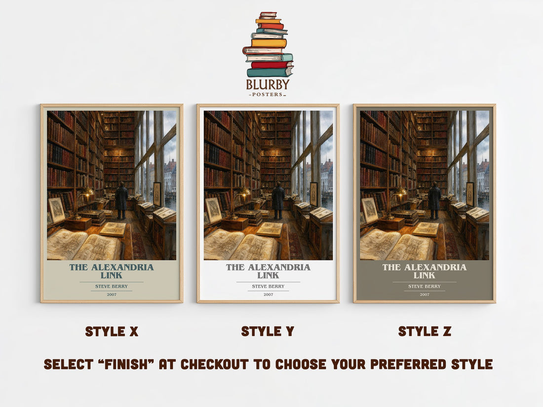 The Alexandria Link book cover print in frame leaning in hallway – thriller wall art (mockup)